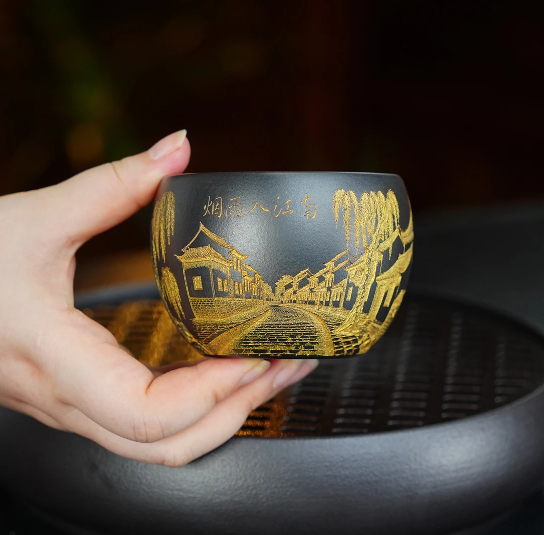 446 宜兴原矿石黄泥料纯手工刻绘烟雨入江南紫砂主人杯品茗茶杯