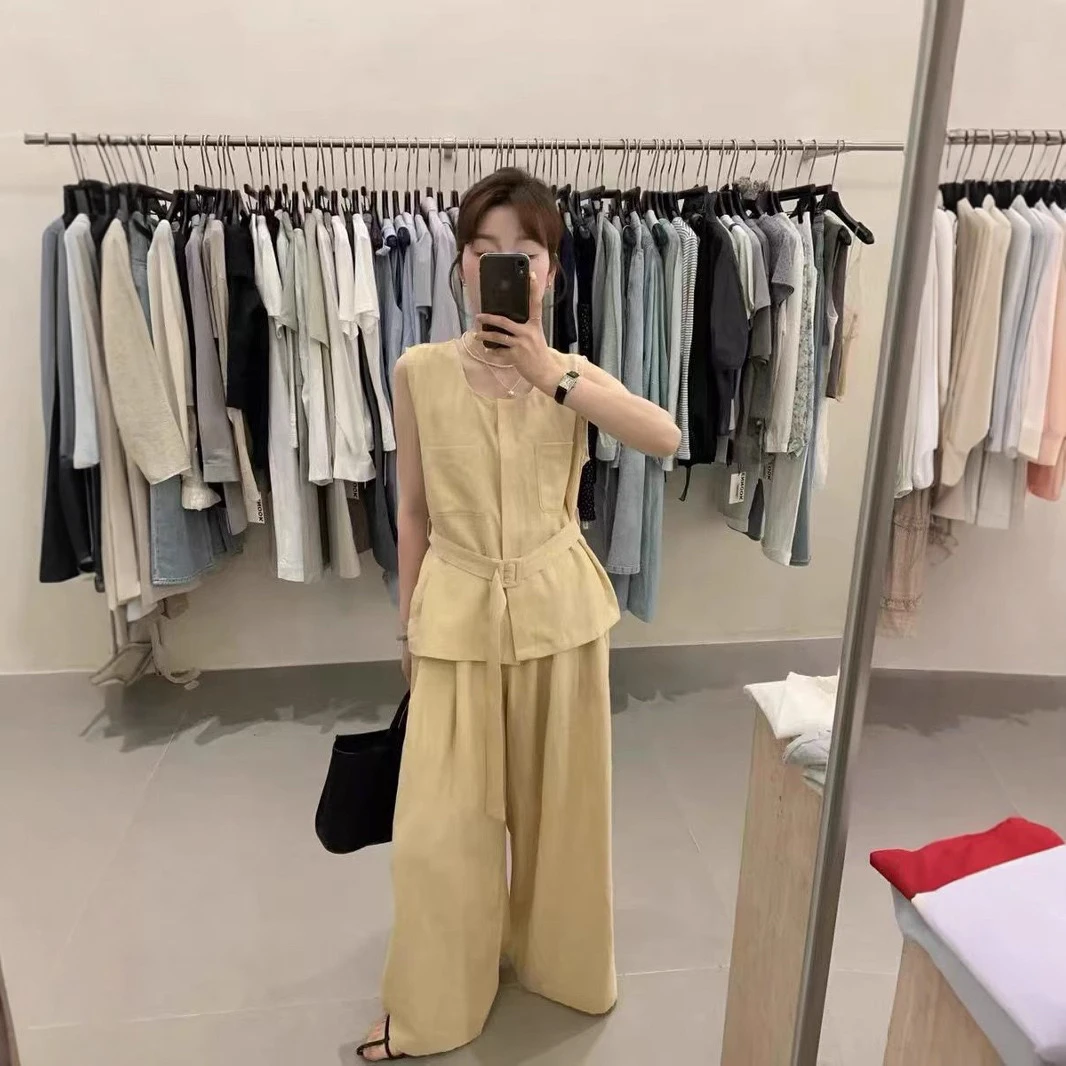 灰灰呀！韩国馆 复古设计感百搭无袖衬衫+高腰百搭休闲裤套装