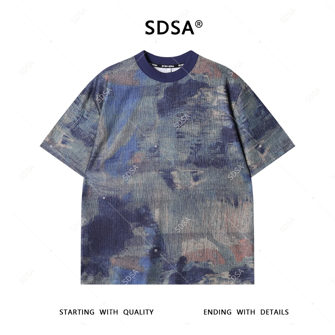 夏季高级感新款男士美式扎染撞色肌理感短袖T恤圆领宽松休闲上衣