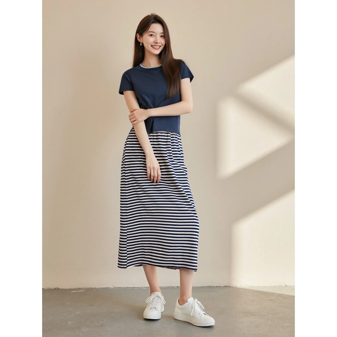 【TK】夏季新圆领短袖上衣条纹半身裙时尚套装HCZW917944