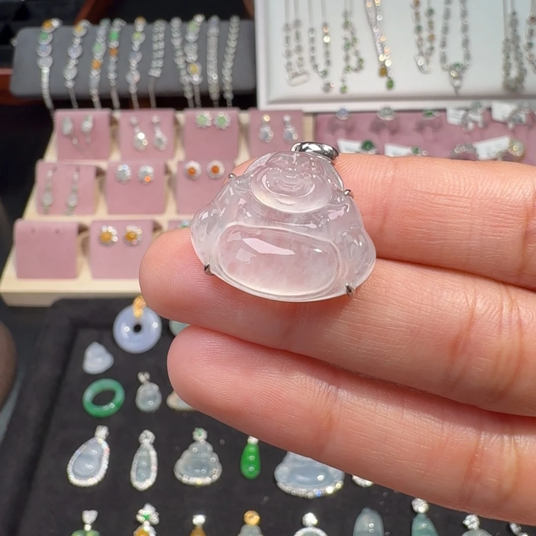 翡翠18K金镶嵌颈饰纯天然缅甸翡翠A货佛公