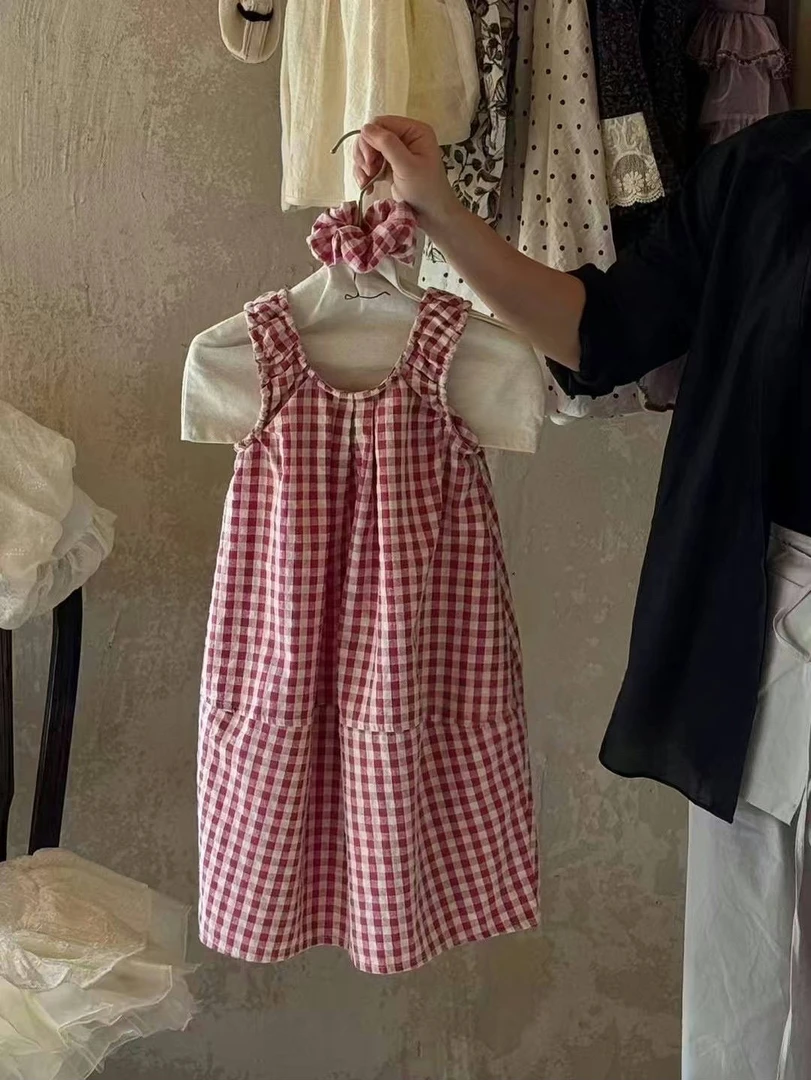 档口正版夏季新款粉色格子韩版连衣裙(带发圈) 女童甜美连衣裙
