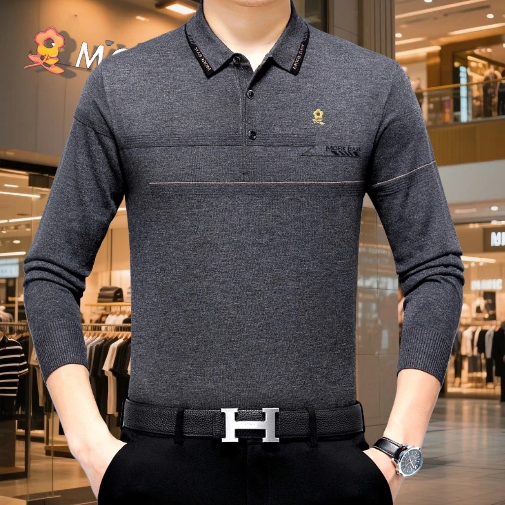 【专柜正品】法国轻奢春秋季中年男士针织毛衣翻领刺绣长袖衣可机洗