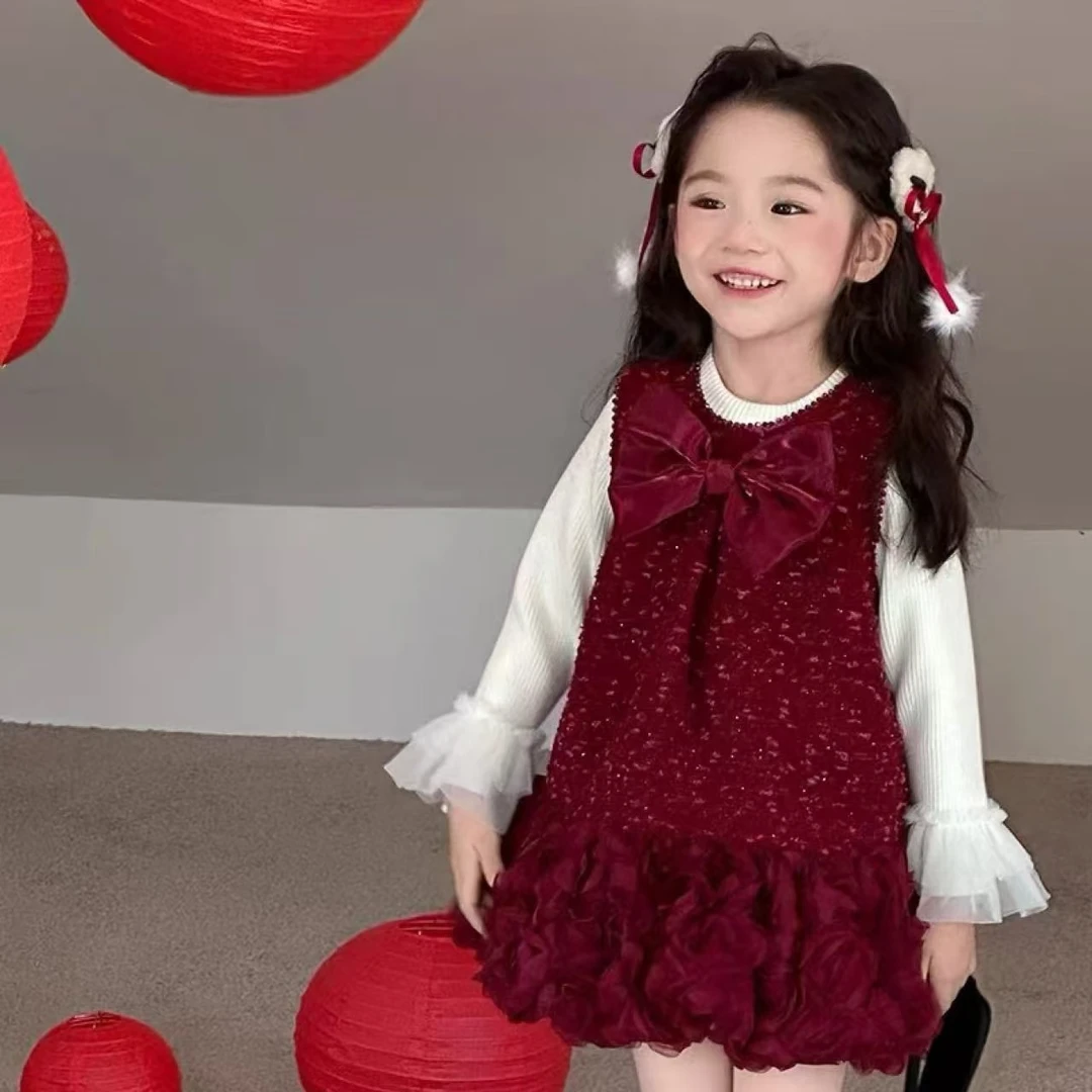 女.童冬季套装女宝宝加绒加厚背心裙儿1童冬季甜美小香风拜年服装