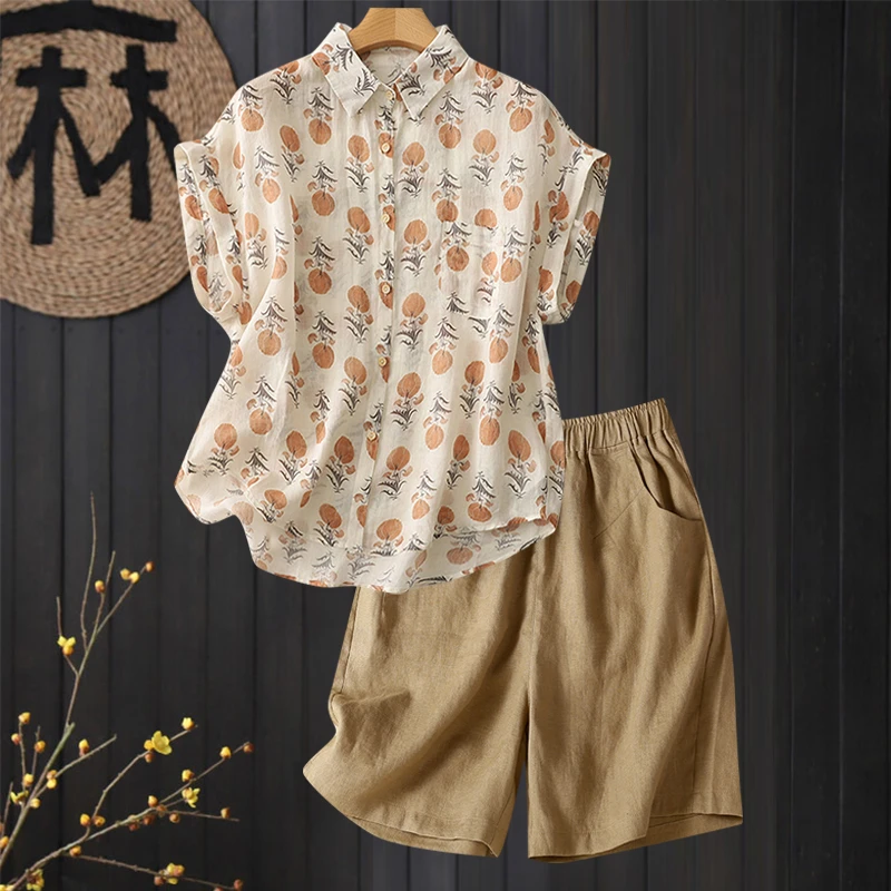 大码女夏季时尚休闲苎麻套装妈妈宽松洋气亚麻碎花衬衫短裤两件套