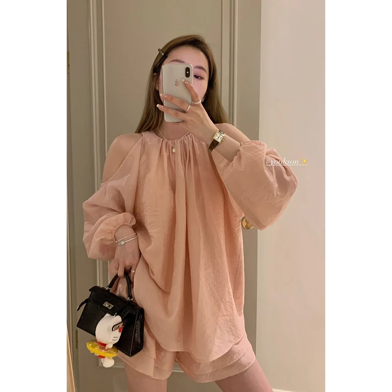 HEYGIRL黑哥 甜度波尔多 露肩挂脖长袖防晒衬衫女夏休闲短裤套装