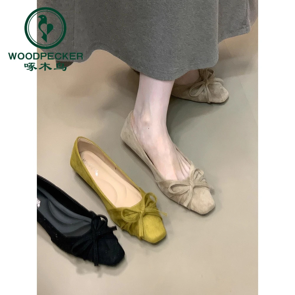 啄木鸟2025年秋季新款蝴蝶结浅口单鞋百搭仙女风低跟鞋时尚晚晚鞋