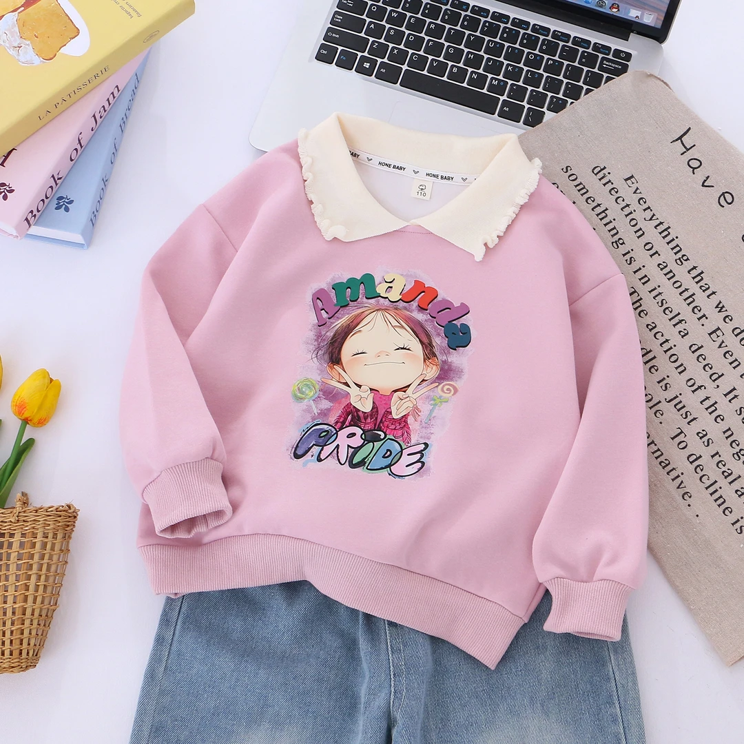 女童翻领卫衣春是秋款儿童装休闲上衣宝宝女孩宽松洋气圆领套头衫