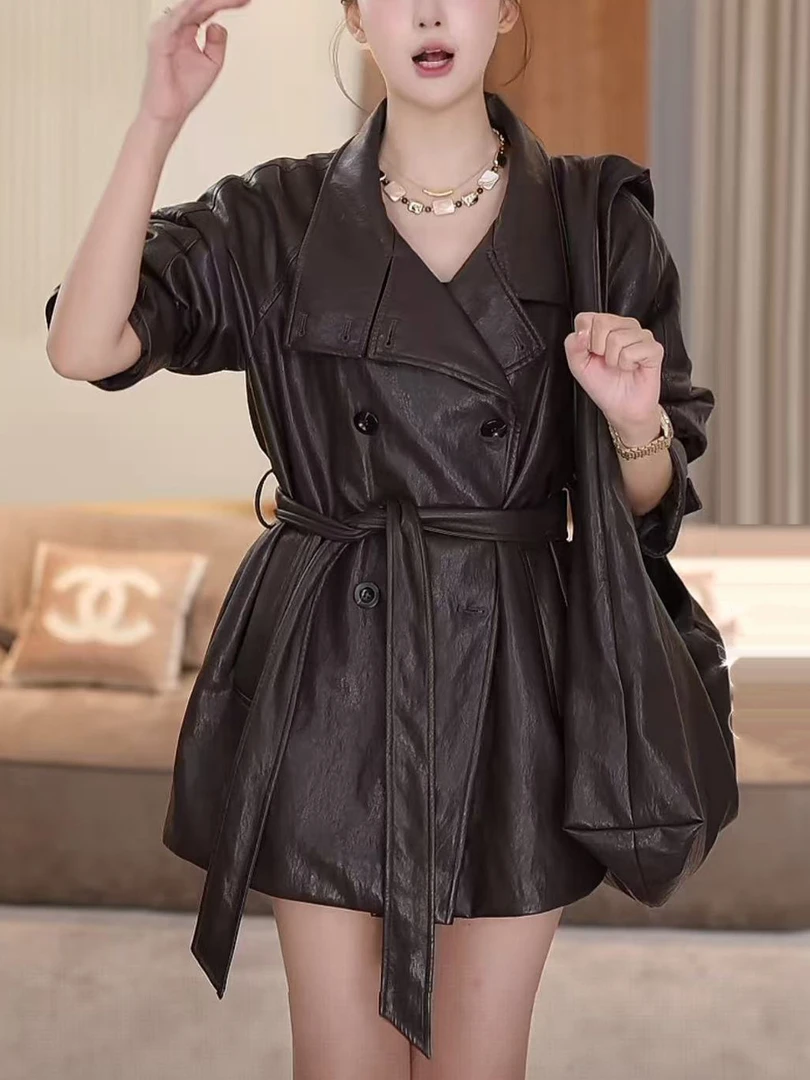 现货皮衣羽绒服女中长款收腰系带外套秋季新款显瘦气质高级感