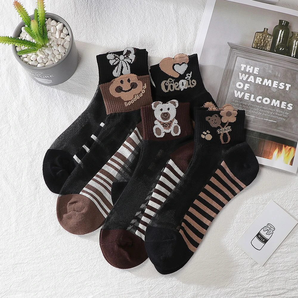 女士棉底水晶丝中筒袜透气防滑吸汗耐磨防勾丝黑色蕾丝精致百搭