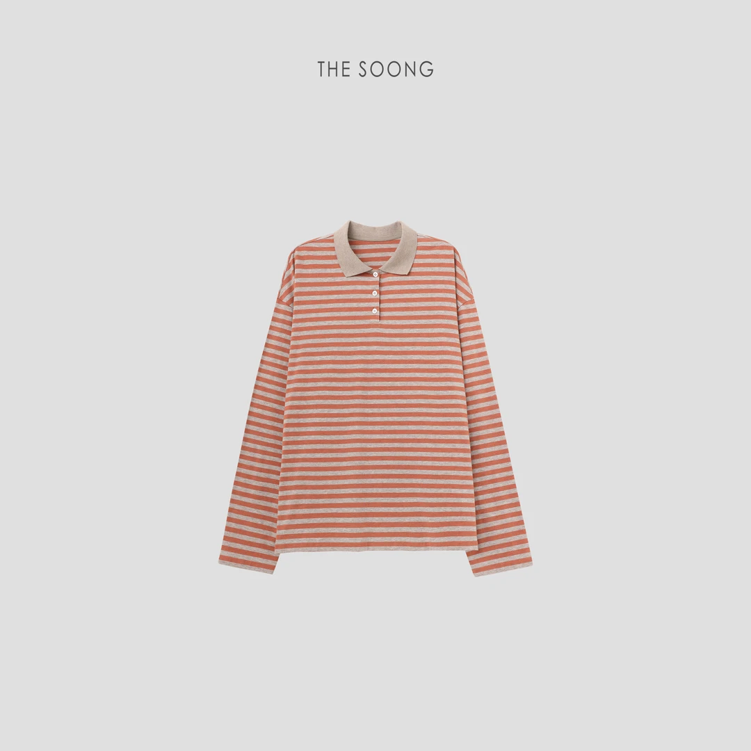 THESOONG|‘橘子调色盘’美式复古条纹宽松长袖亨利衫HWTX7604
