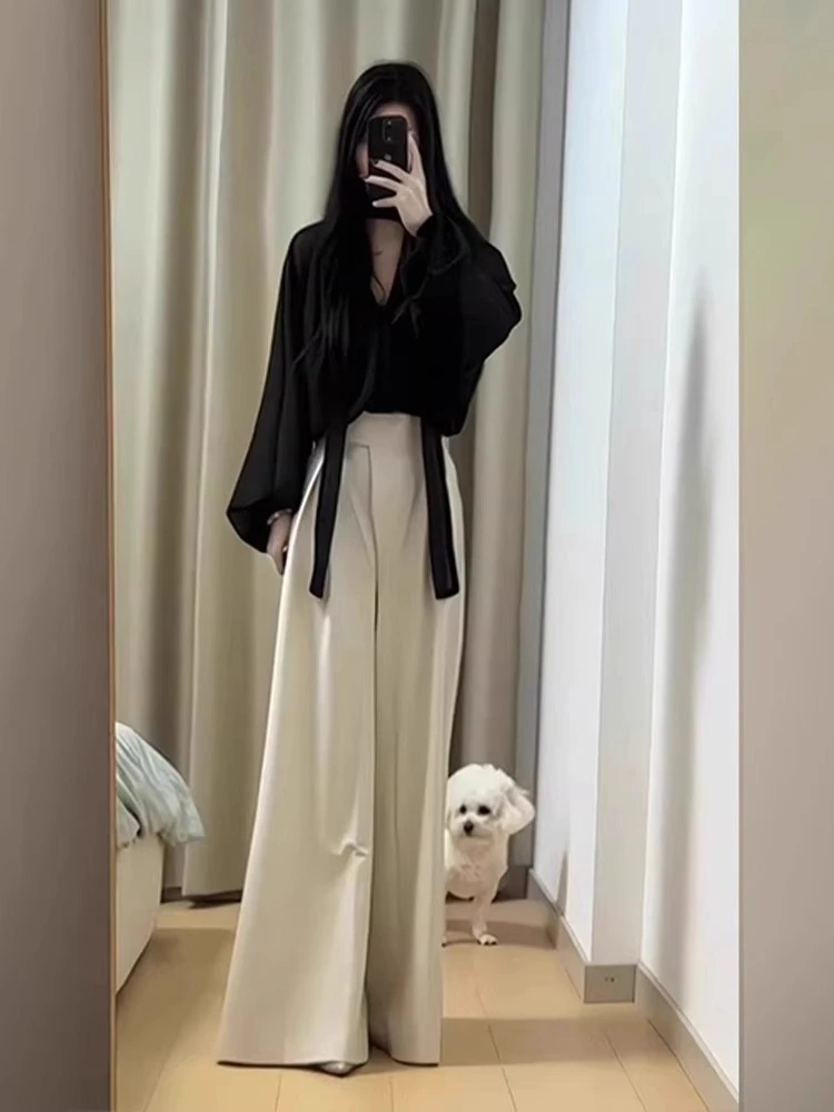 春装搭配一整套大码胖m法式V领上衣阔腿裤气质轻熟通勤时尚套装女