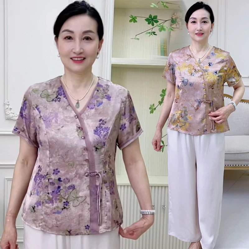 妈妈夏季短袖洋气套装阔太太高贵两件套国风上衣服T恤中老年女装