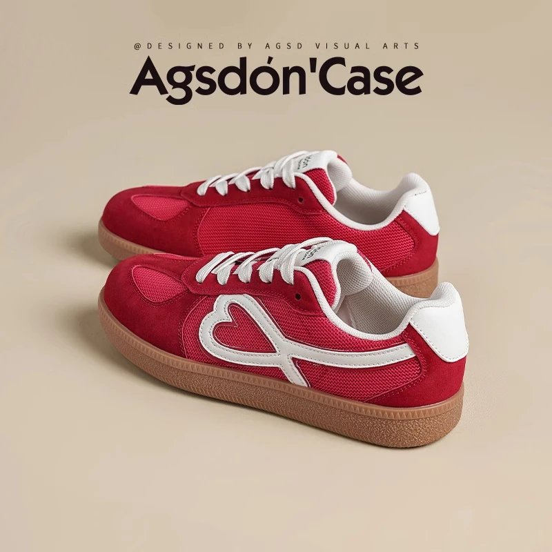 奥古狮登红色芭蕾德训鞋女2025新款夏季透气平底阿甘鞋子运动板鞋