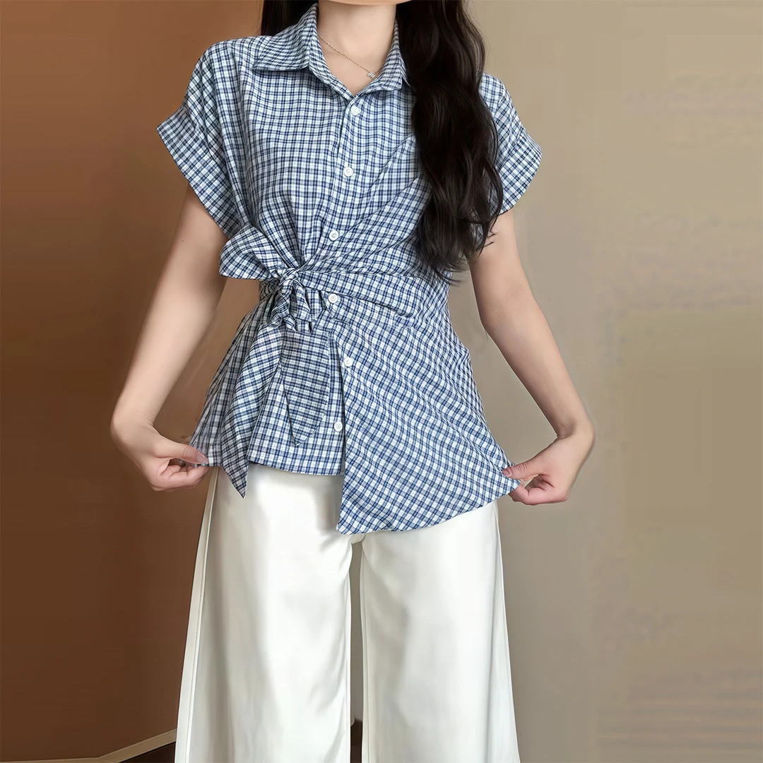 大码设计感镶钻蓝色格子短袖衬衫女夏季胖mm显瘦绑带掐腰港风上衣