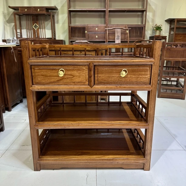 榆木新中式茶水柜实木餐边柜客厅靠墙置物架家用茶台侧边柜可移动