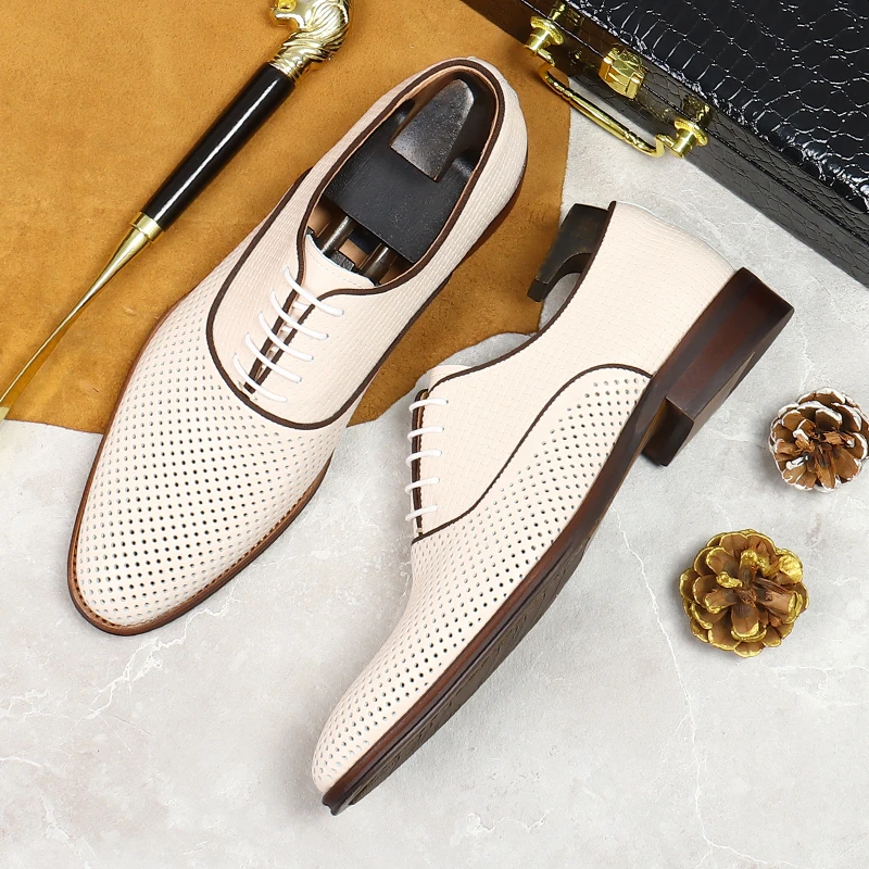 2025夏季爆款镂空白皮鞋真皮透气舒适脚感软面软底商务休闲牛津鞋