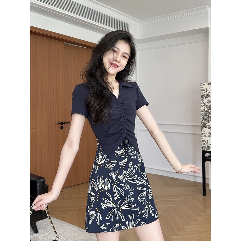 张阿星【初夏生花】时尚通勤拼接连衣裙V领收腰A摆显瘦款W425Q09499