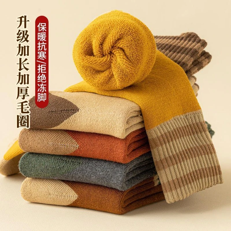 冬毛圈袜女加绒加厚中筒袜三杠保暖毛巾袜黑色长袜成人袜子男士tn