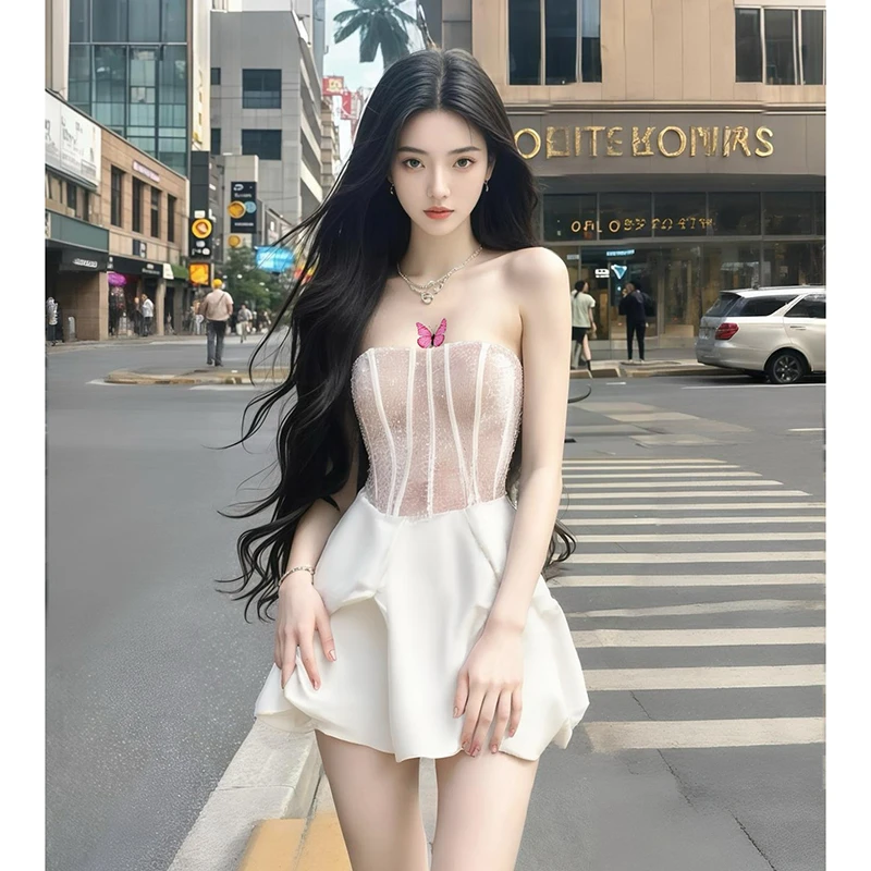 法式名媛露肩收腰设计感一字肩气质抹胸裙夏季高腰显身材连衣裙女