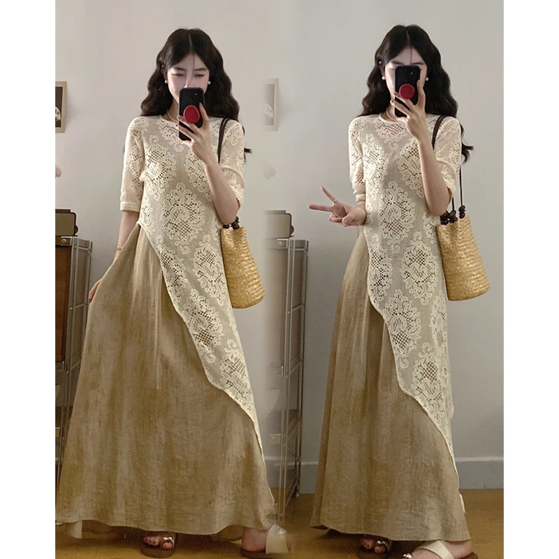 大码夏季新款胖MM设计感不规则蕾丝罩衫吊带裙气质连衣裙洋气穿搭