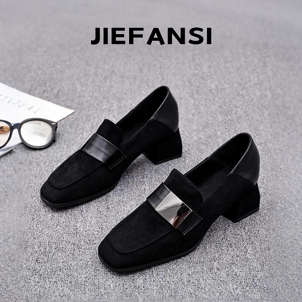 黑色百搭高跟鞋女2025春秋季新款亮片女鞋方头复古磨砂皮粗跟单鞋