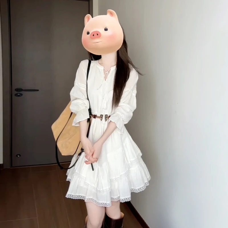 云南旅游度假穿搭高级感白色衬衫连衣裙女气法式垂褶修小黑裙子