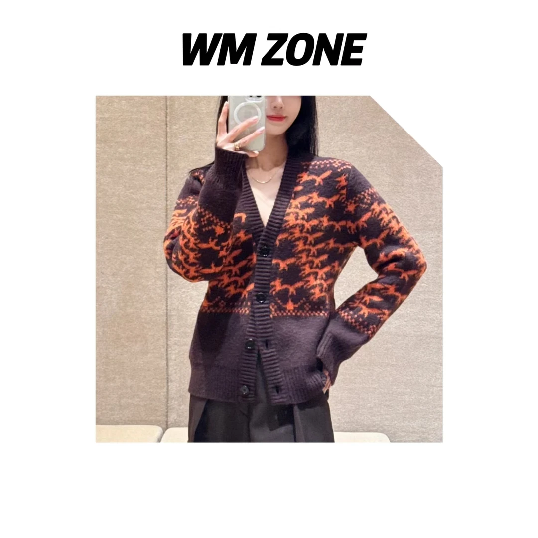 虎儿 3-2672 狐狸提花V领针织开衫