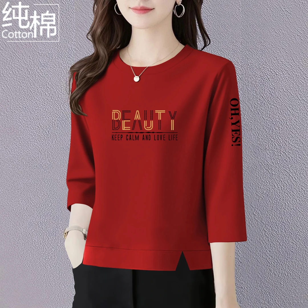 纯棉七分袖t恤女中年妈妈装夏季新款洋气宽松显瘦遮肚上衣女体恤