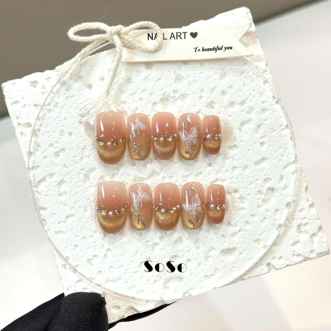 Nice SoSo【一叶知秋】纯手工穿戴甲纯欲手绘猫眼碎钻冰透蝴蝶小众