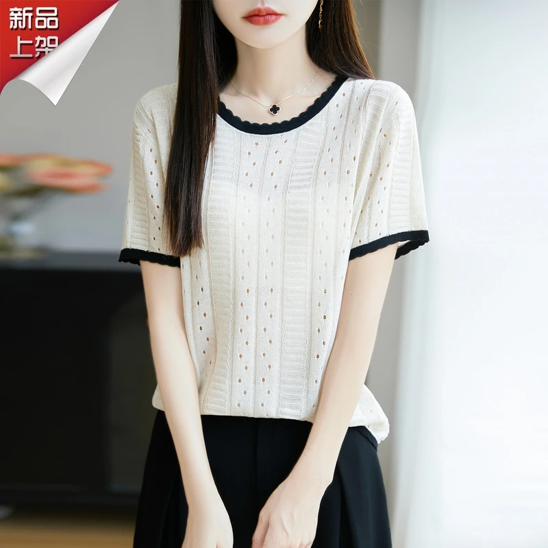 品牌撤柜夏季法式花瓣领拼接撞色短袖针织T恤2025新款镂空洋气薄