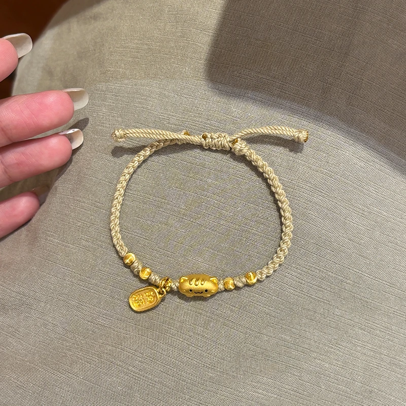 海上罗孚黄金面包小猫纳福手链新款999足金手绳七夕礼物送女友