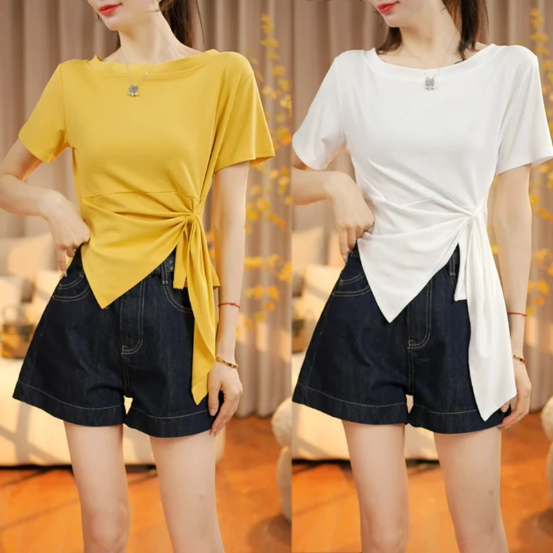 不规则设计感绑带短袖T恤女2025夏季新款修身显瘦百搭时尚上衣潮