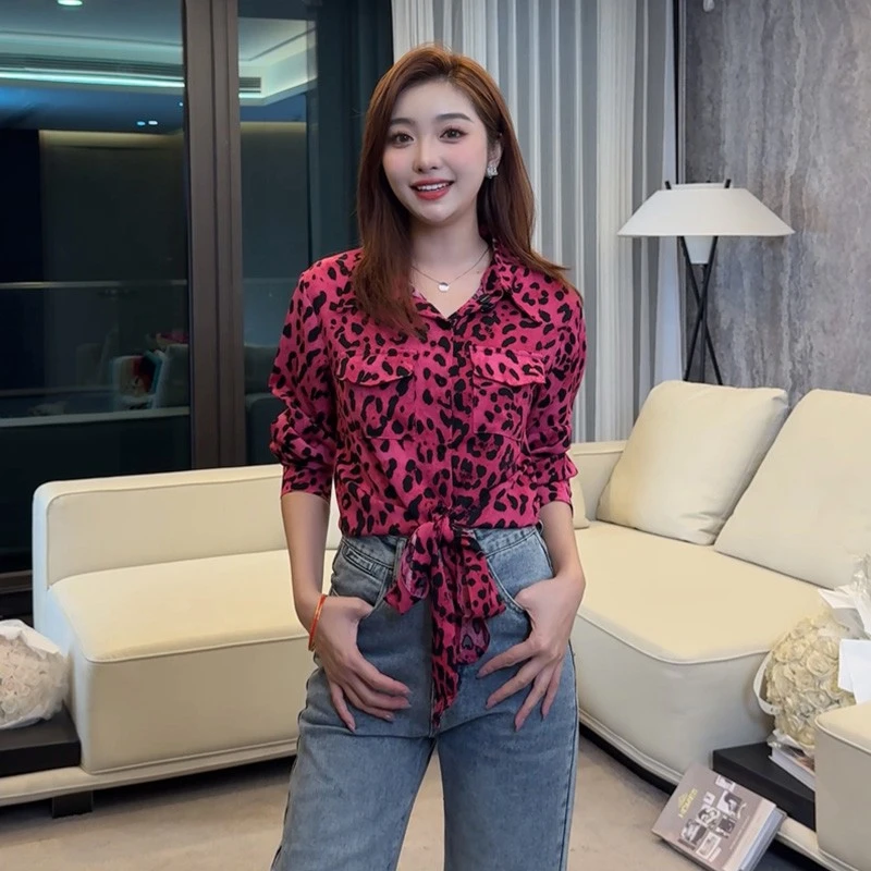 时尚豹纹设计感衬衫女装2025春季新款Polo领上衣绑带开衫洋气外套