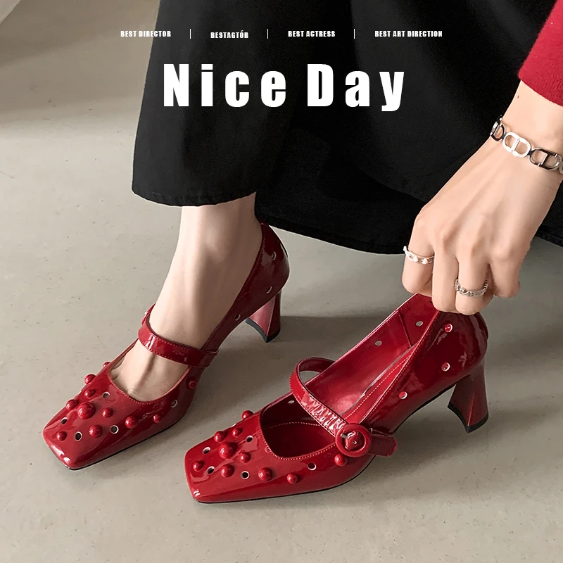 复古方头真皮单鞋女2025春季夏季镂空一字带粗跟时尚玛丽珍鞋