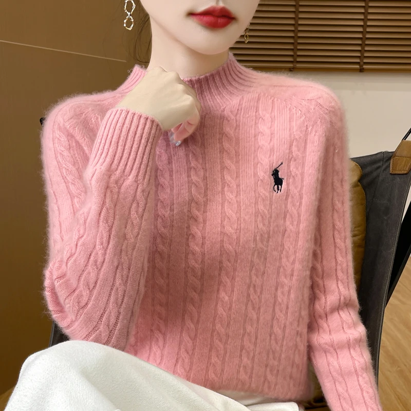 【商场新款】小马家扭花纯羊毛衫女半高领宽松气质打底衫女D410