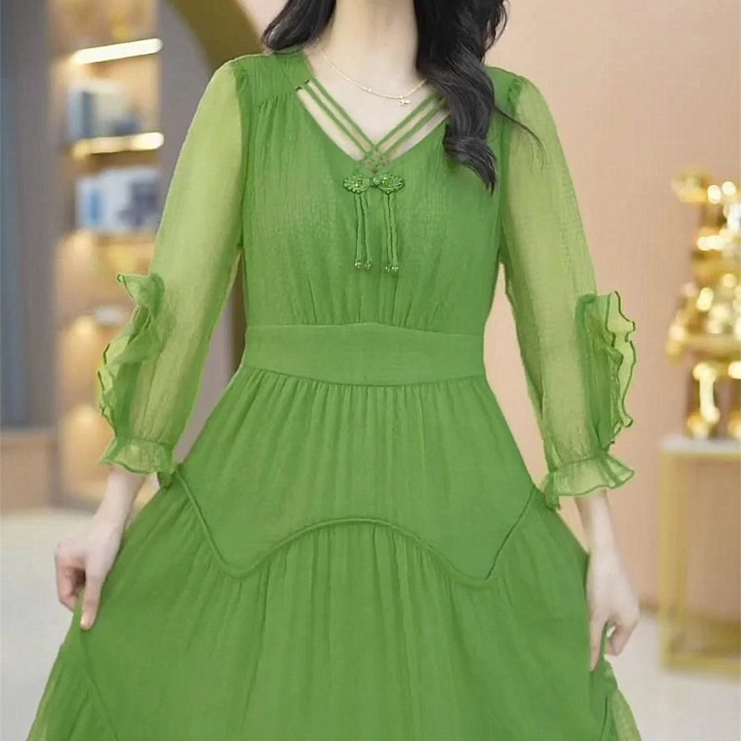 高级琉璃丝高腰气质名媛连衣裙2024夏新款时尚花边拼接a字裙子女