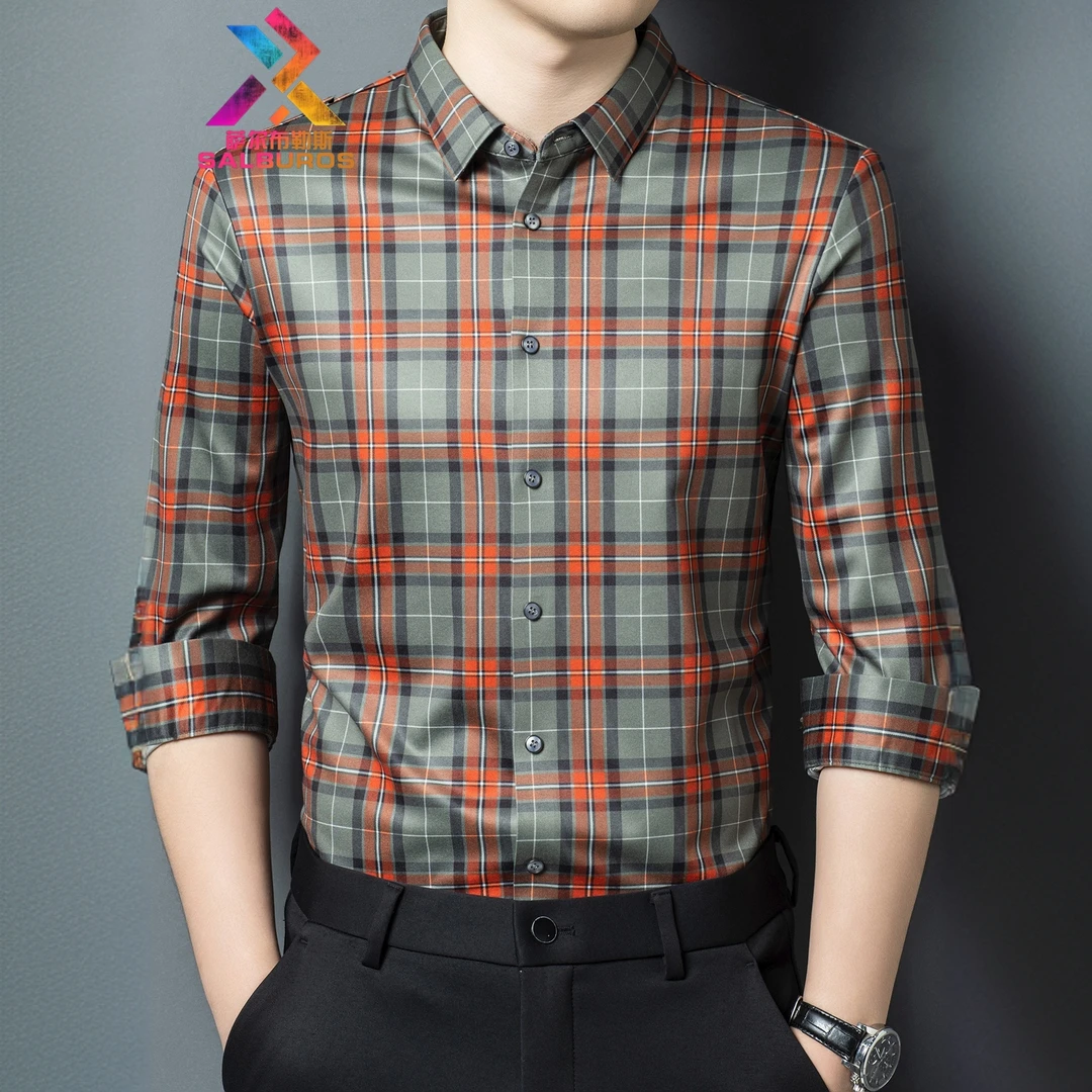 萨尔布勒斯格纹长袖衬衫男士秋冬薄款时尚潮流拼色宽松休闲衬衣