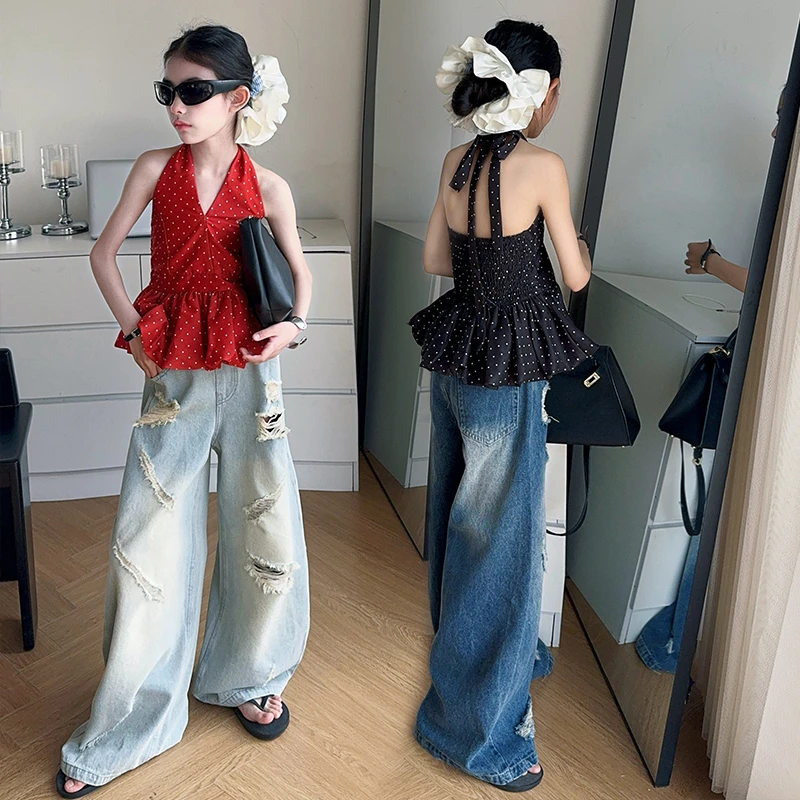 【毛妈潮牌】女童夏装波点吊带破洞裤套装2025中大童时髦洋气两件套