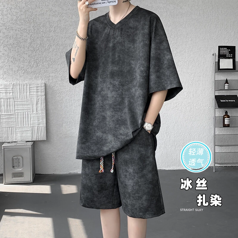隐匿者美式高街大码速干冰丝扎染休闲套装男夏季新款轻薄透气套装