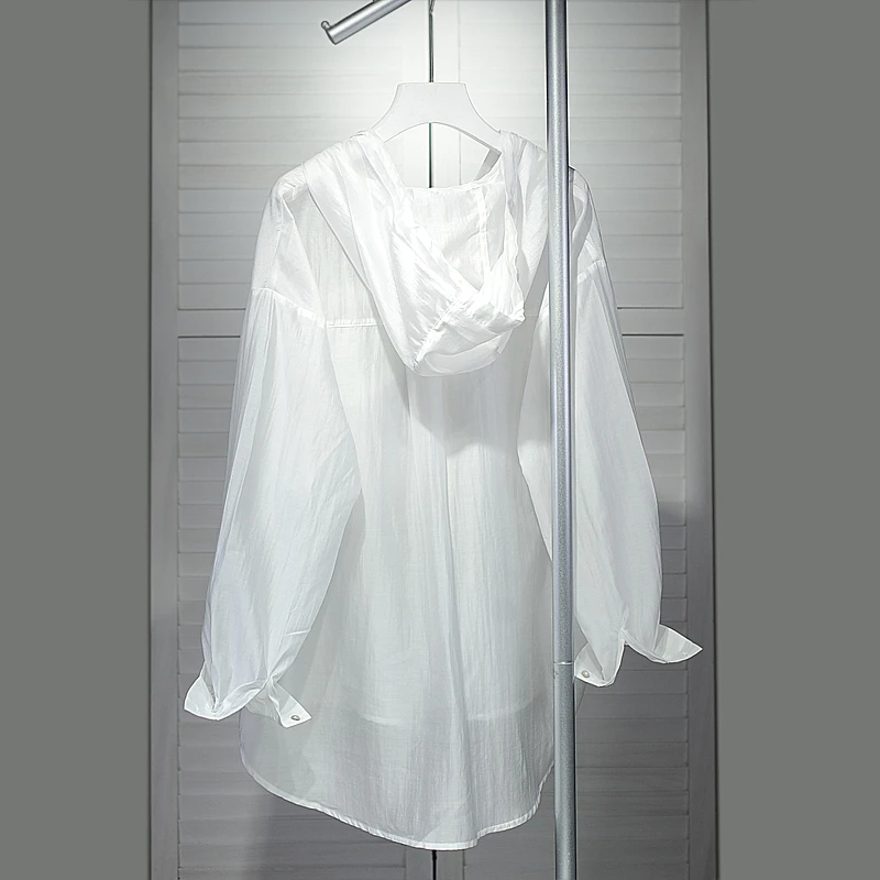 宽松白色连帽衬衫女新款休闲薄款衬衣防晒外搭开衫松弛感百搭上衣