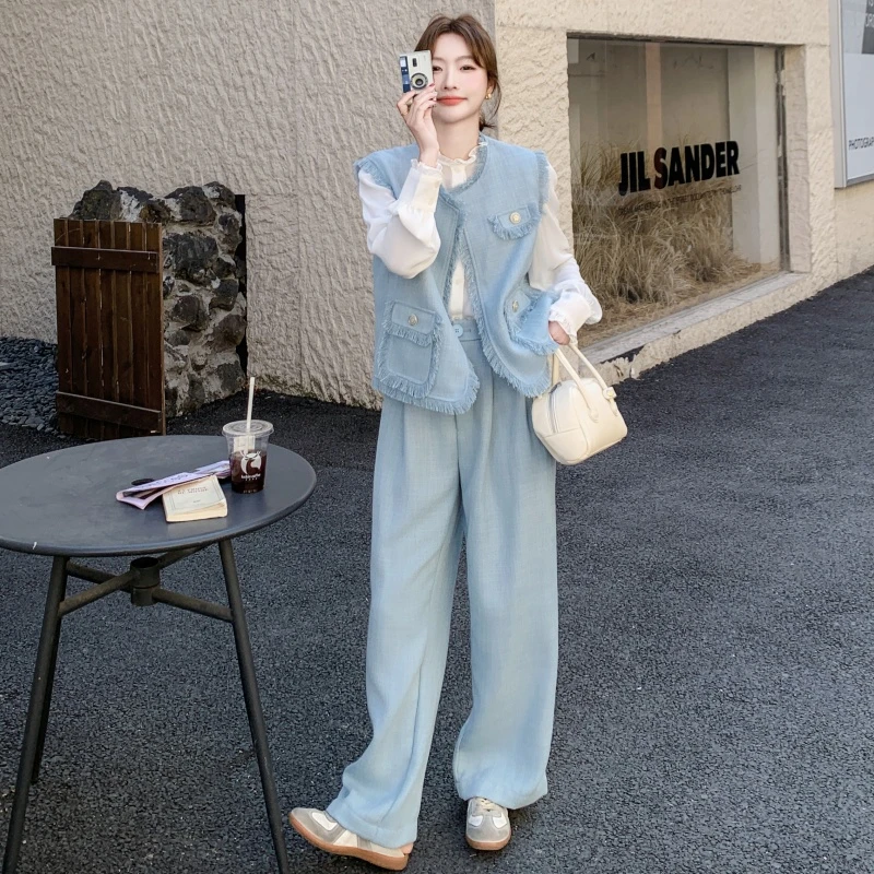 蓝色小香风时尚套装女2025春秋新款休闲宽松马甲小衫阔腿裤三件套