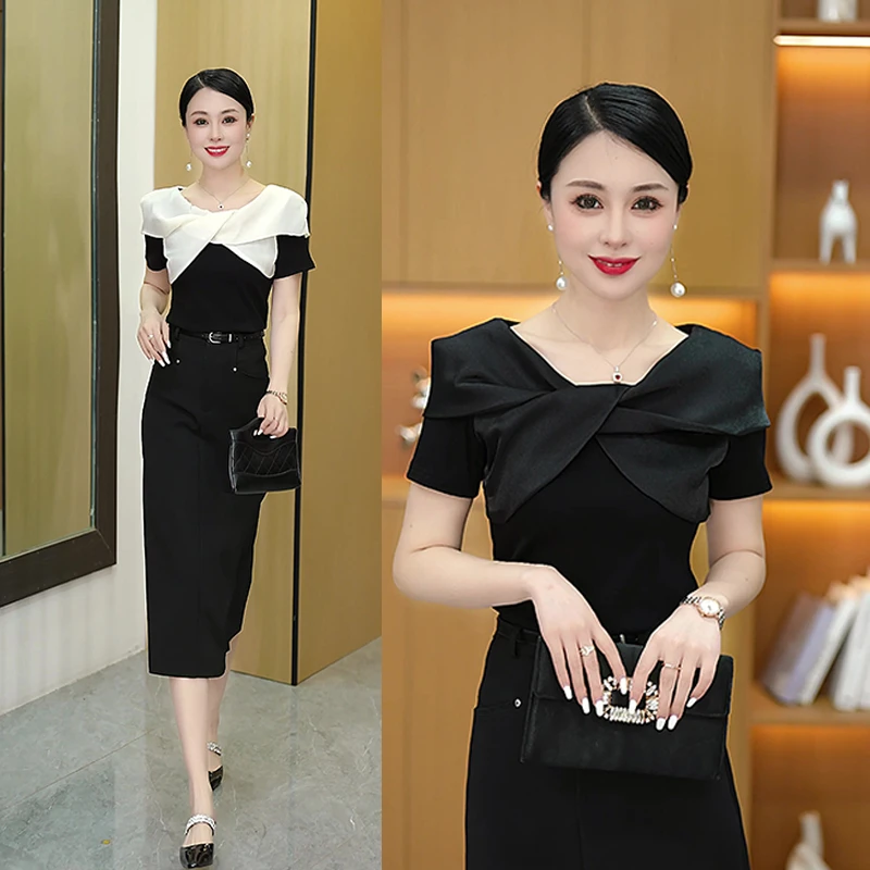 交叉领短袖时尚洋气T恤女夏季新款遮肉显瘦减龄撞色设计感上衣