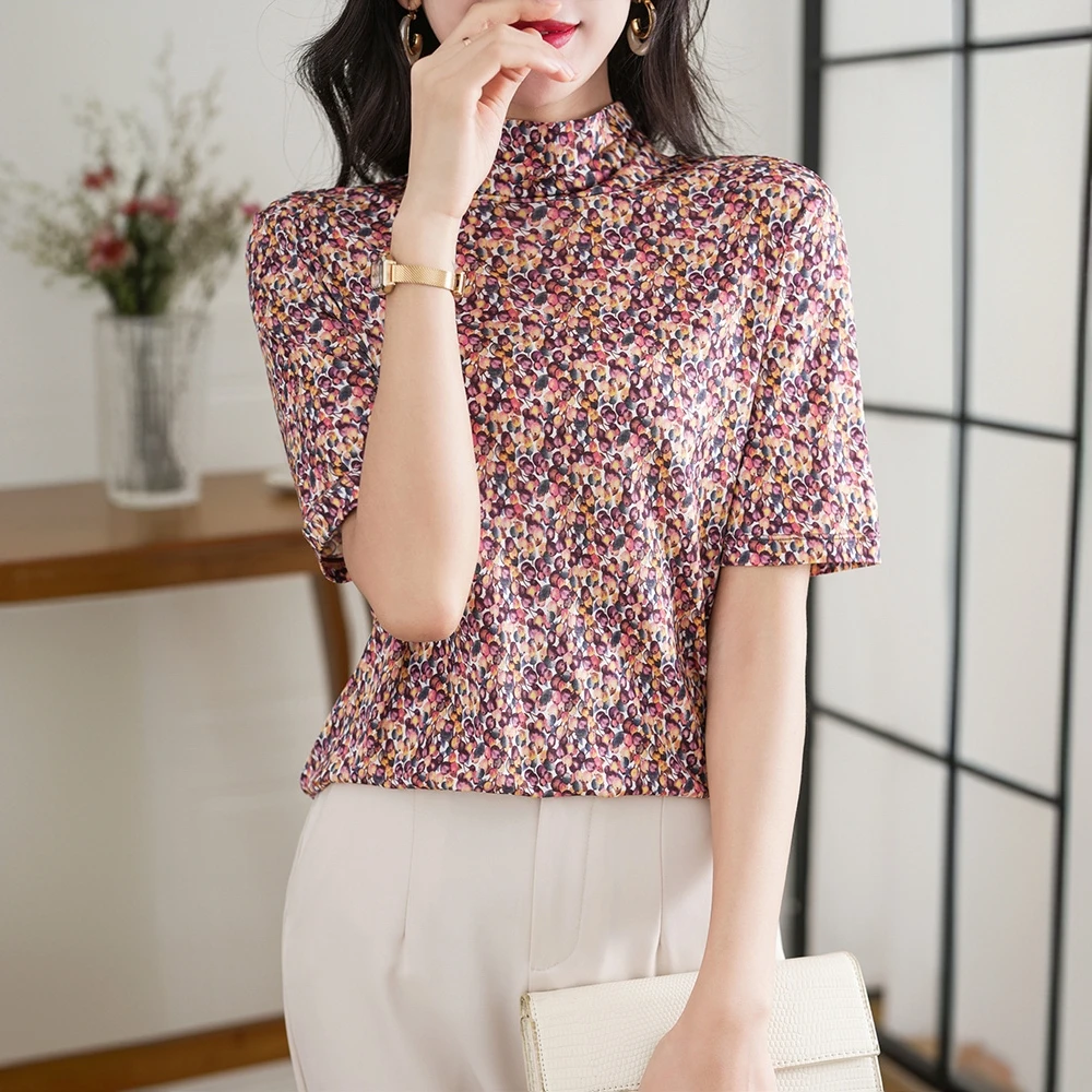 半高领双面针织真丝半袖T恤印花桑蚕丝气质宽松套头妈妈上衣软糯