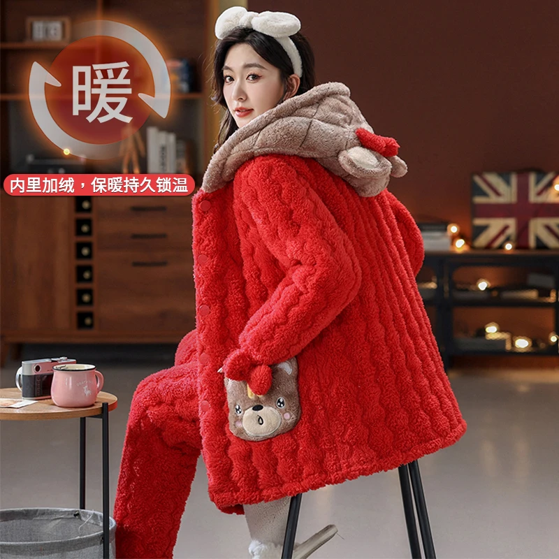 红色家居服女冬天三层夹棉外出可穿加绒加厚睡衣暖暖套装爆款2025