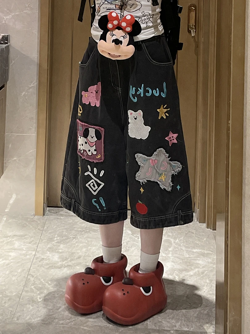 【免费试穿】美式趣味卡通贴布刺绣牛仔七分裤女夏季新款宽松阔腿裤