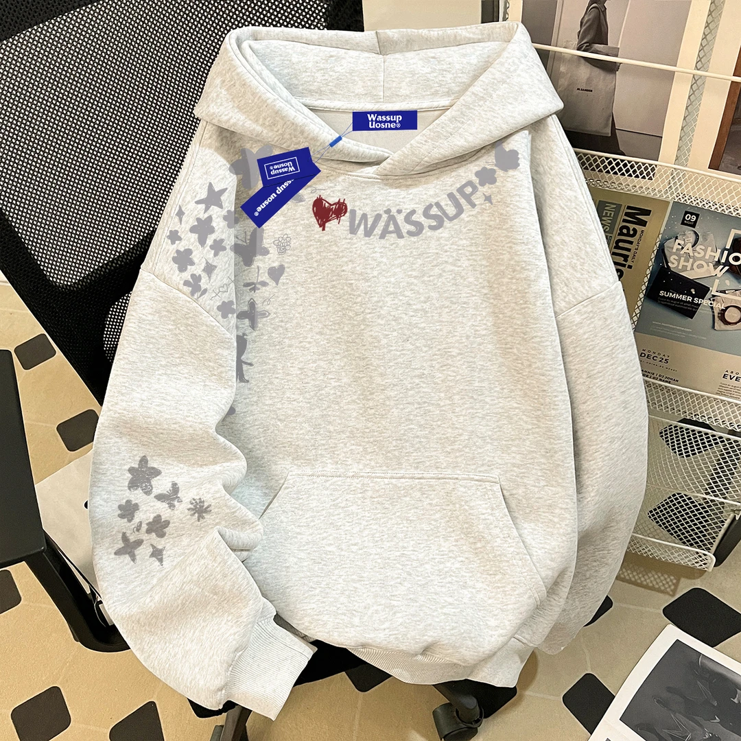 WASSUP UOSNE美式连帽卫衣男秋季ins小众高级感宽松重磅套头上衣