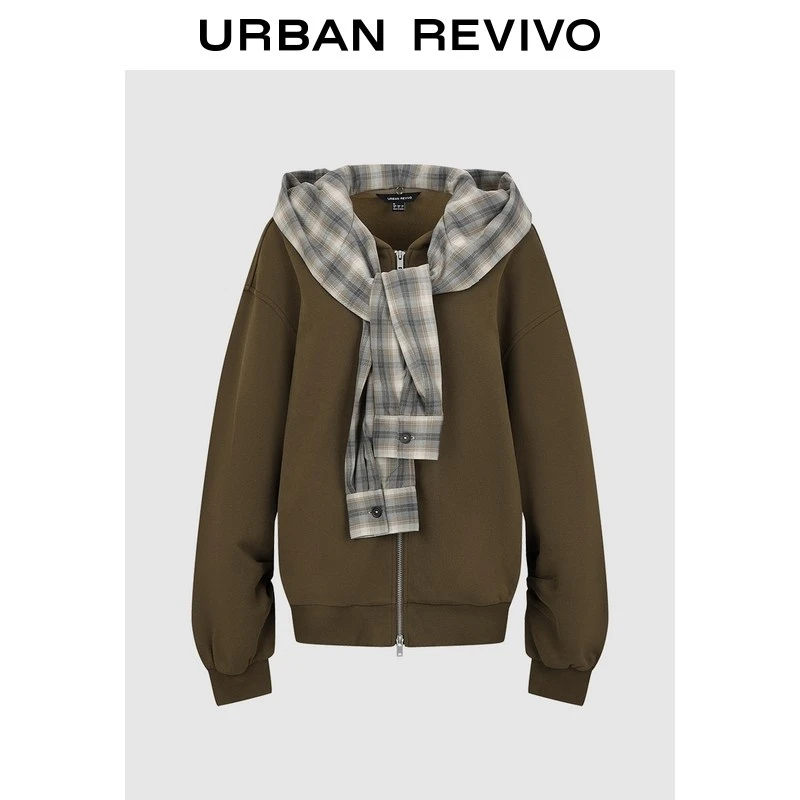 UR2026春季新款女装休闲设计感假两件格纹连帽外套UWH160017