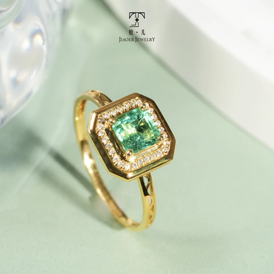 【姣儿珠宝】18K金刻面方形祖母绿钻石戒指Y-052412