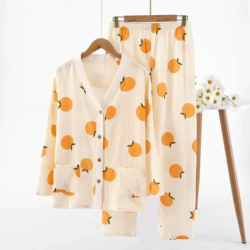 新款【心想事橙】春季纯棉纱布睡衣女套装长袖双层棉纱开衫家居服